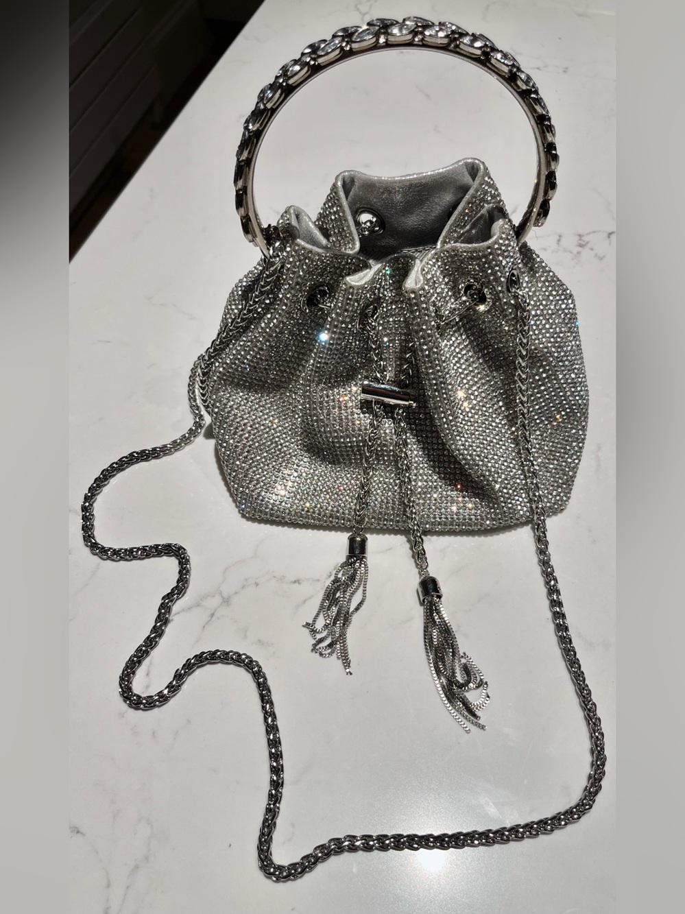 Akira • Sparkling Silver Crystal Rhinestone Drawstring Small Bucket Bag Purse